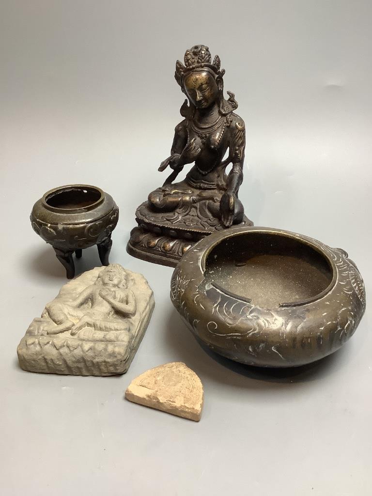 A bronze deity, height 17cm, a Chinese dragon bowl, a censer, etc.